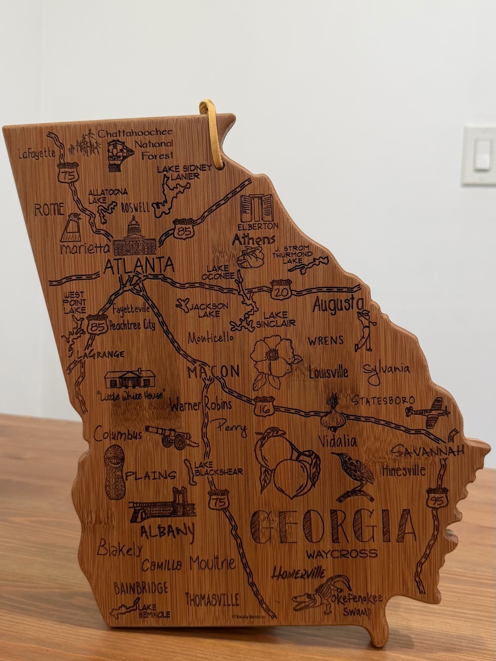 Engraved Atlanta Map Bamboo Serving/Cutting Board - Natural Brown
